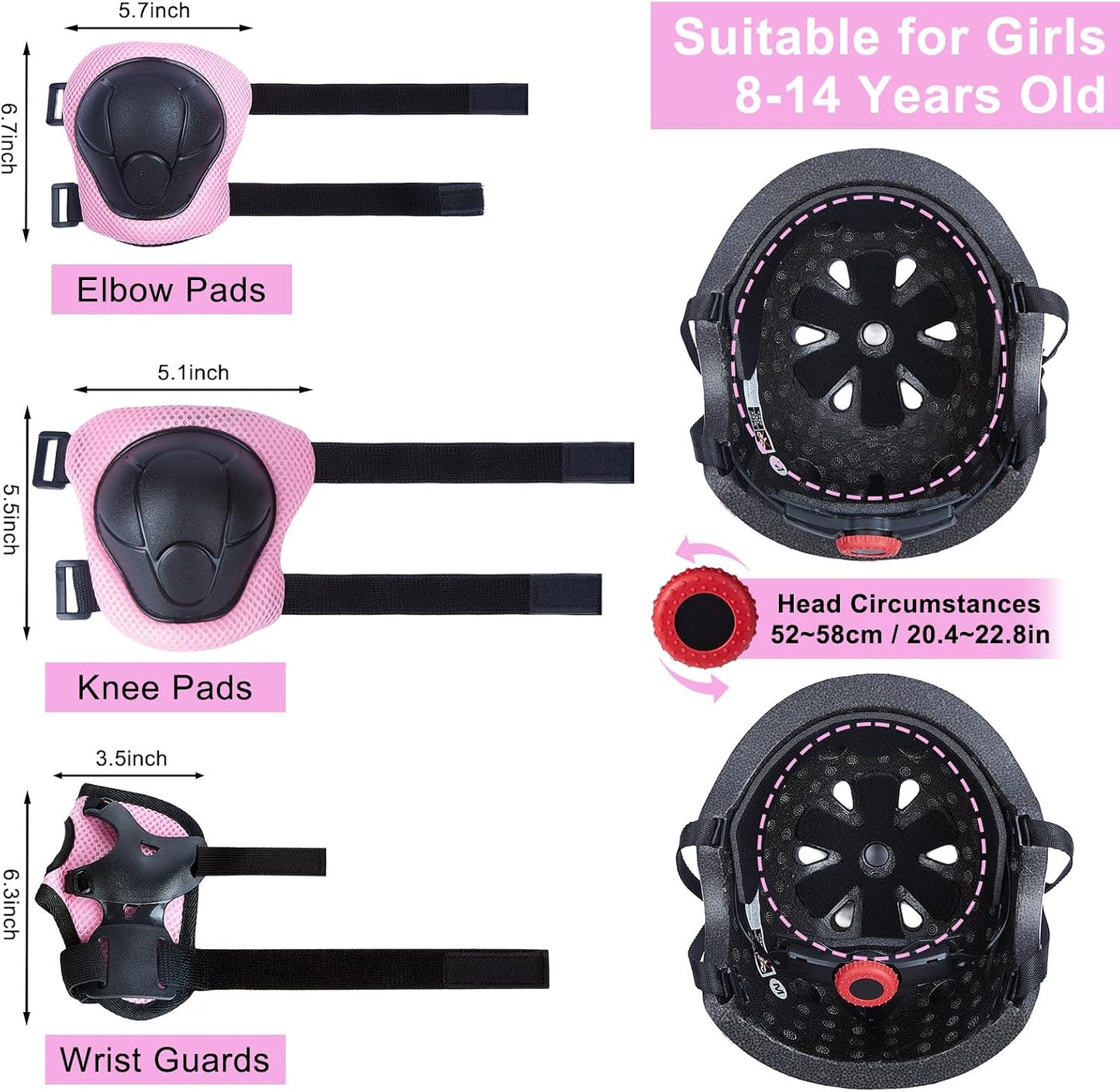 Helmet for Kids 8-14 with Knee Pads and Elbow Pads Set, Kids Bike Helmet with DIY Bow, Adjustable Youth Girls Helmets for Bicycle Scooter Skateboard