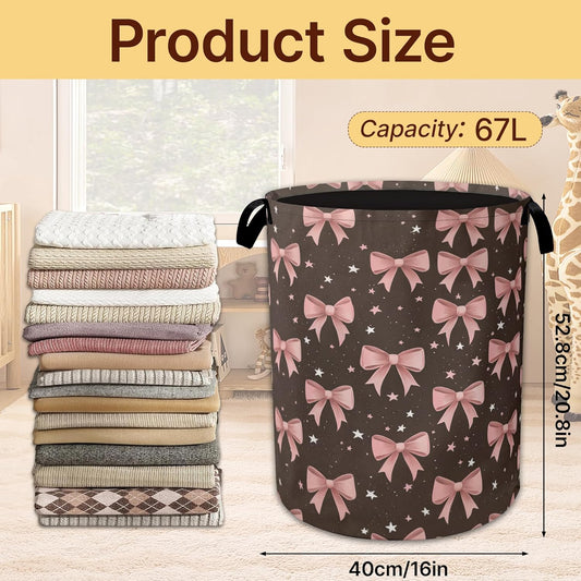 Pink Bows Laundry Basket,Cute Collapsible Laundry Baskets with Handles,Waterproof Oxford Cloth Hamper,Storage Organizer for Bathroom Bedroom Dorm