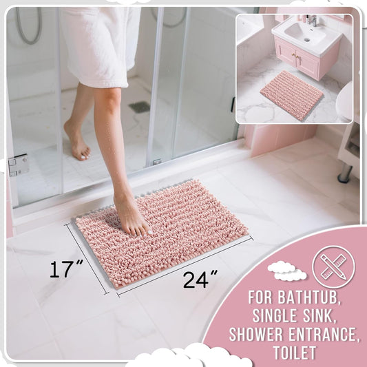 Yimobra Bathroom Rugs Non Slip Washable - Ultra Soft Absorbent Chenille Bath Mat, Quick Dry Shaggy Floor Carpet for Tub Shower, Light Pink Home Decor Accessories, 24x17 Inch