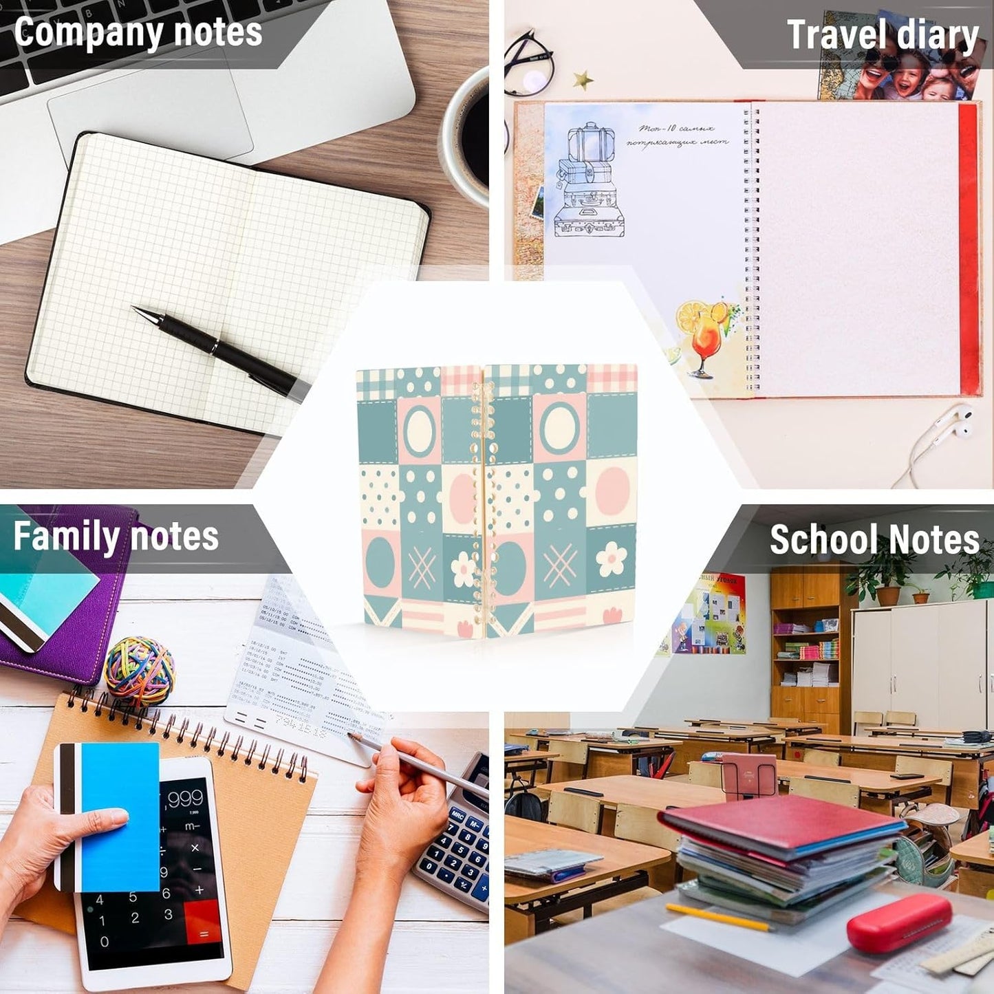 EtherSpher A5 size Patchwork Pattern Flowers Pastel Peach lined notebook 8.3" x 5.7", hard cover subject spiral notebook wide 60 sheets for working&classroom 2 pack