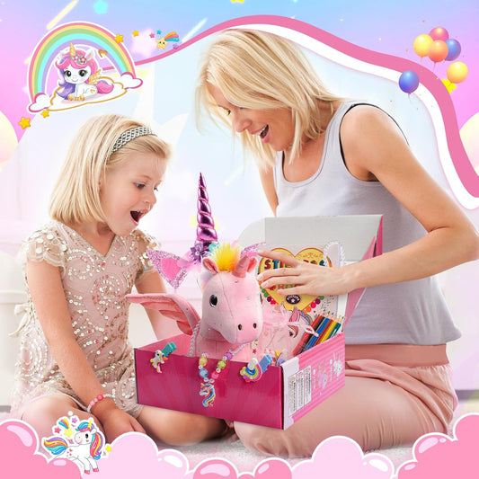 22-Piece Unicorn Gift Set for Girls Ages 3-8 | Pink Stuffed Animal Plush Toy with Jewelry Kit, DIY Coloring Book & Hair Accessories | Birthday Party Favors for Kids Toddler Girls Toys