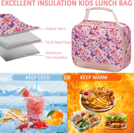 Lunch Box Kids Insulated Lunch Bag for Boys Girls Cute Reusable Lunch Tote Bag Waterproof Portable Thermal Lunch Box Kids for School Picnic Travel Pink Butterfly