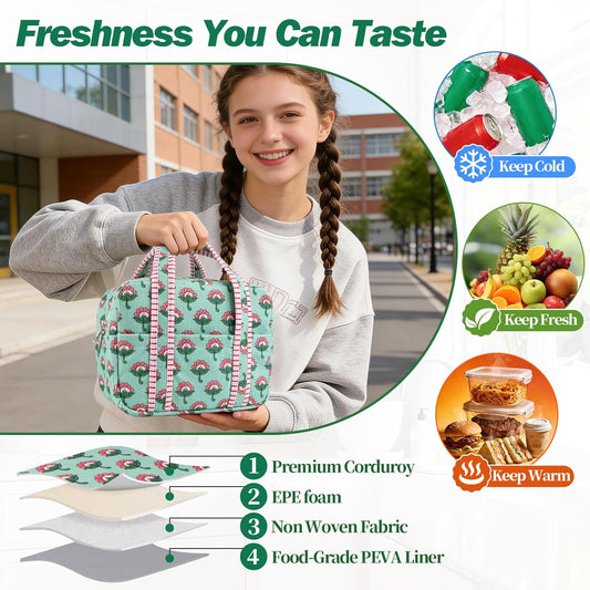 Aesthetic Corduroy Insulated Lunch Bag for Women, Floral Block Print Lunch Box with Pocket, Spacious Boho Reusable Cooler Tote for Work, School, Nurse Gift & Picnic, Leakproof (Pink Green)