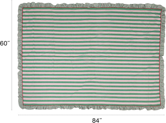Creative Co-Op Woven Cotton Striped Tablecloth with Ruffle & RIC Rac Trim, Green & Pink