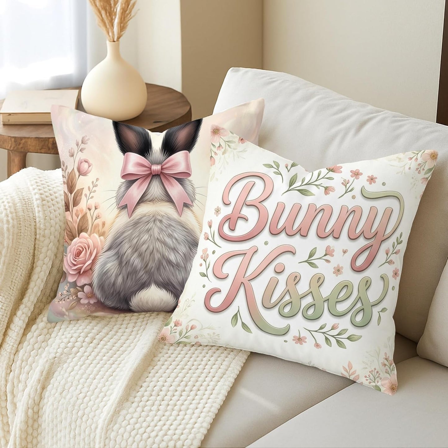 Rabbit Throw Pillow Covers Set of 4, Spring Fanciful Bow Flowers Spring Pastel Peach with Hidden Zipper Decorative Pillow Cases for Living Room Bedroom Loft Office Car Decor 16x16 Inch