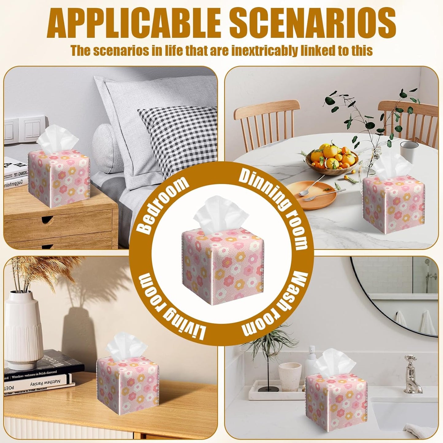 Retro Pink Flower Tissue Box Cover 2PCS, Leather Tissue Box Holder Square Facial Paper Case Tissue Box Cube Organizer for Bathroom Bedroom Desk Office