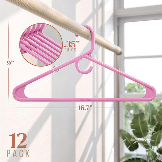 NEATERIZE Thick Heavy Duty Hangers - Pink Plastic Clothes Hangers 12 Pack - Great for Coat Hanger, Jackets Jeans & Suit Hanger for Closet - New Apartment Essentials Percheros Ganchos para Colgar Ropa