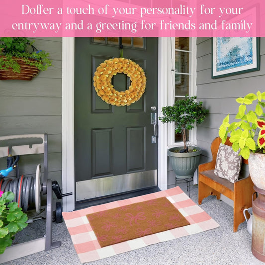 2 Pcs Door Mat Combo Set Layered Outdoor Rug and Coir Welcome Doormat Non Slip Floor Mat for Front Porch Entryway Outside Indoor Decor(Pink Bow,24'' X 35'',24'' X 16'')