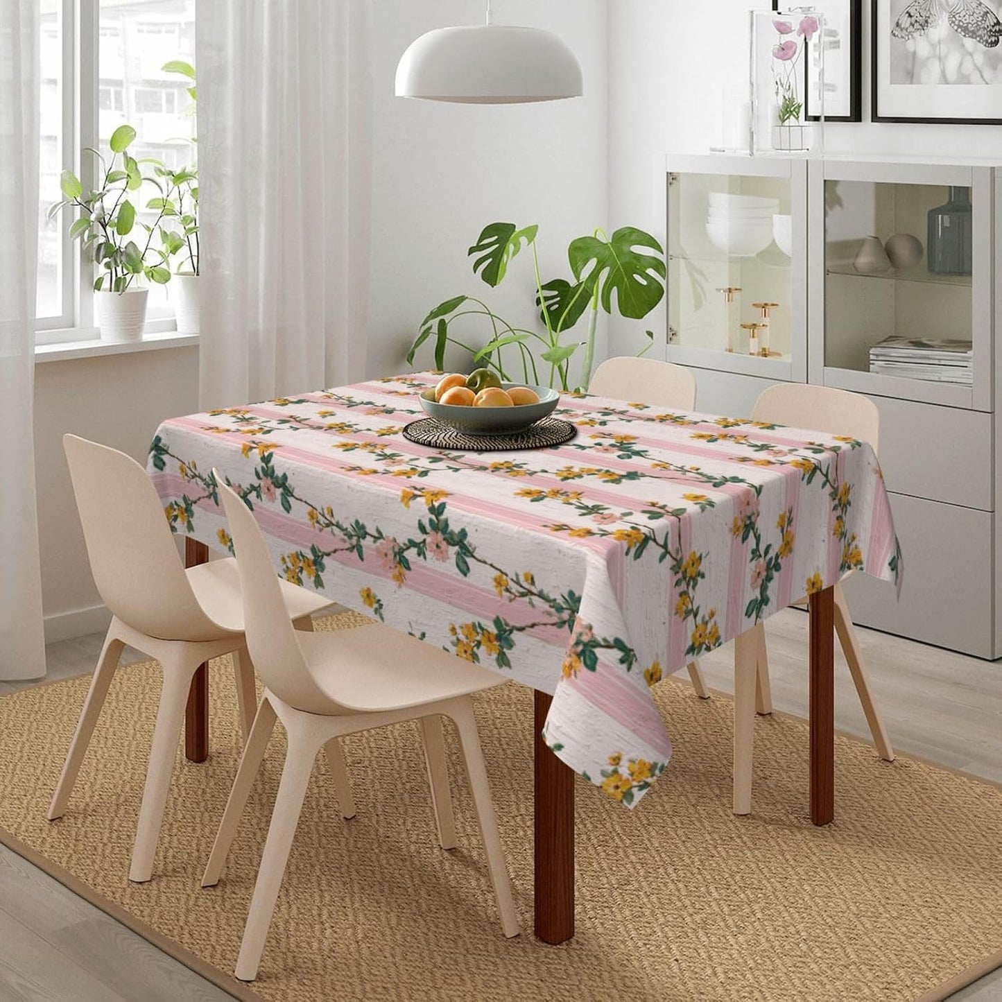 Tiny Yellow Flowers Light Pink Victorian Stripes Rectangle Tablecloth, Drop Shapes Table Cloth Dining Table Cover for Kitchen Restaurant Party Buffet Picnic, 52x70 Inch