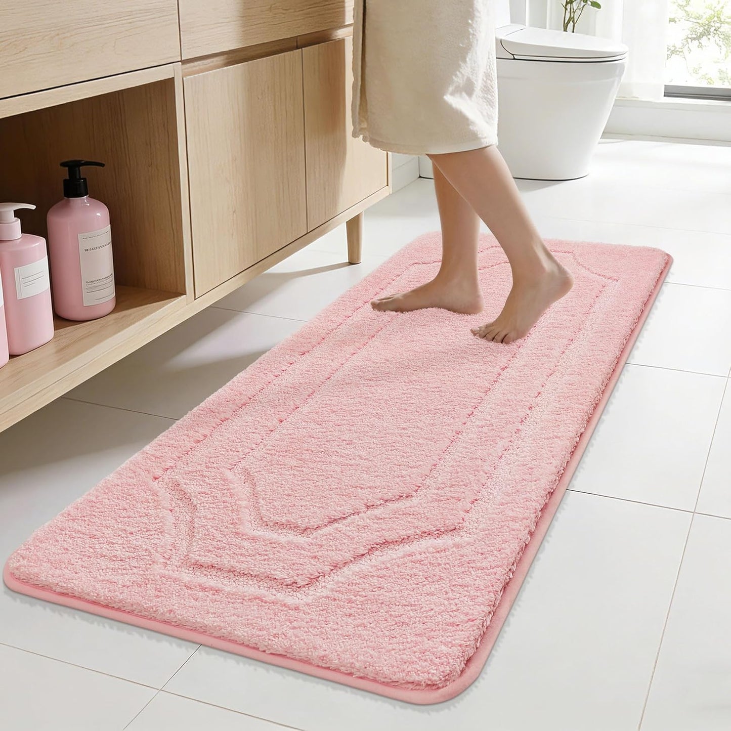 BEQHAUSE Bathroom Rugs Nonslip Bath Mat Soft & Absorbent Shaggy Bathroom Mats for Bathrooms Machine Washable Bath Rug for Shower Sink and Bathtub, Pink, 24"x48"