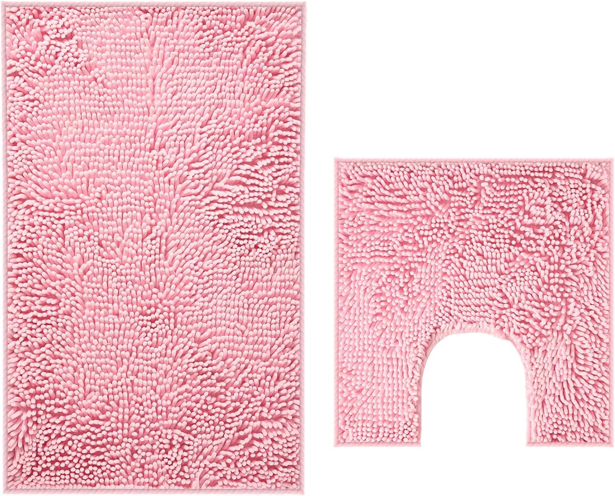 Pink Chenille Bathroom Rugs Set 2 Piece - Non Slip Absorbent Bath Mat for Shower, Quick Dry Machine Washable Floor Mats, Soft Plush, 20"x32"+U Shape 20"x20" Inch