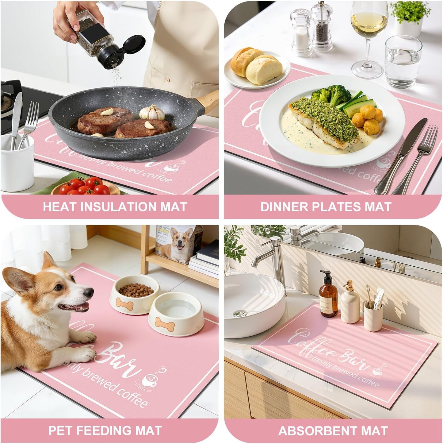 Findosom Dish Drying Mat, 12" x 20" Super Absorbent & Hide Stain Coffee Mat, Cuttable Drying Mat for Kitchen Counter, Coffee Bar Accessories, Under Dish Rack, Coffee Maker, Espresso Machine, Pink