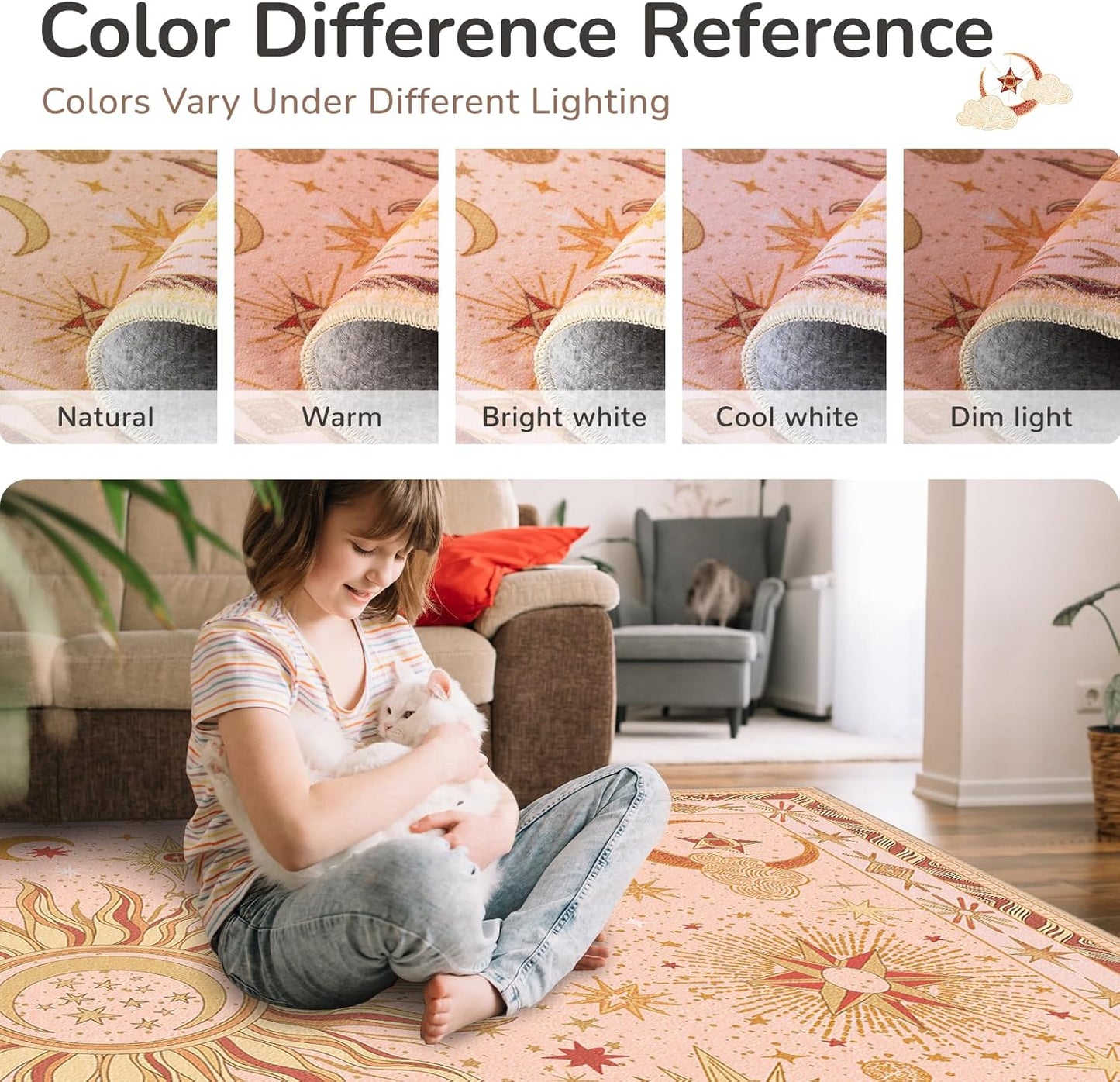 5x7 Area Rugs, Washable Vacuum-Friendly Non-Slip Rug Vintage Boho Gothic Sun and Moon Printed Pattern Low Pile Carpet for Living Room Bedroom Dining Room Hallway Entryway,Pink Gold Beige Red