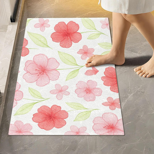 Watercolor Flowers Pink Bathroom Rug, Non Slip Dry Quickly Bath Mat, Absorbent Soft Bath Rug, Home Decor Accessories, 24"x16"