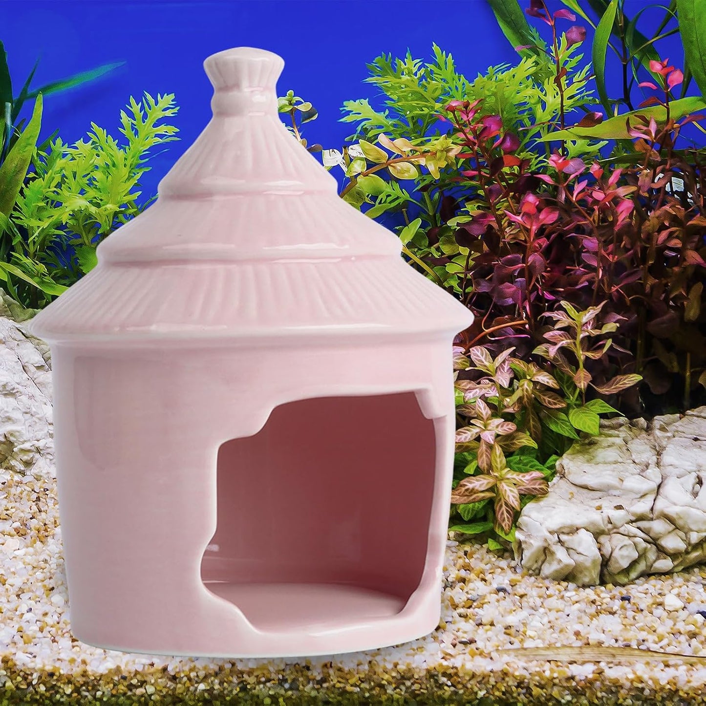 Saim Cute Aquarium Decorations Ceramic Palace Little Grass Hut Shaped Toad House, Betta Fish Tank Accessory Decor Ornament Hideout Pleco Cave for Fish Playing or Hiding (Pink)
