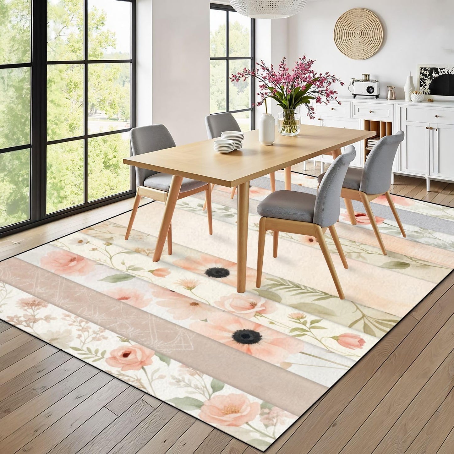 10x14 Area Rugs for Bedroom Boho Washable Rug for Living Room Soft Pastel Floral Pink Peach Flowers Light Extra Large Soft Rubber Backed Non-Slip Carpets for Office Dining Room