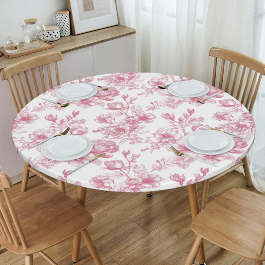 KiuLoam Vintage Chinoiserie Pink Ink Line Floral Round Tablecloth Farmhouse Table Cover with Elastic Edge Washable Fitted Table Cloth for Kitchen Patry Outdoor Decor Fits 45"-50", Medium