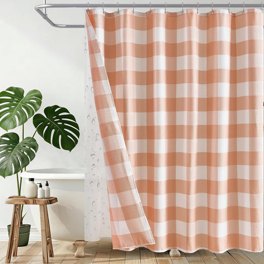 ORTIGIA 3 in 1 Waffle Shower Curtain Set-72x84, Bathroom Curtain with Waterproof PEAV Liner & 12 Stainless Steel Double-Sided Hooks, Peach and White Buffalo Plaid Bath Curtain for Modern Farmhouse