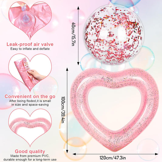 JarThenaAMCS 4Pcs Inflatable Heart Pool Float with Beach Ball Glitter Inside Rose Gold Swim Heart Shaped Pool Rings Float Loungers Tube for Summer Swimming Beach, 47.3 x 39.4 Inch
