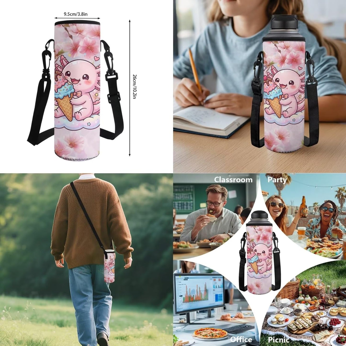 4 Pcs School Backpack Set Cherry Flower Pink Axolotl Print Elementary Student Bookbag 17 Inch Schoolbag with Lunch Box Pen Case Water Bottle Holder Bag for Outdoor