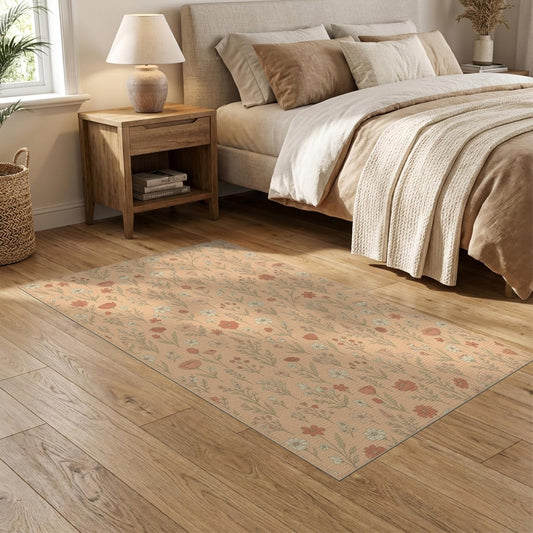 5'x7' Washable Cottagecore Floral Area Rug, Peach Non-Shedding Pet Friendly Carpet for Small Living Room, Playroom, Bedroom, Easy Care Kids Safe Mat | Ref:2208623