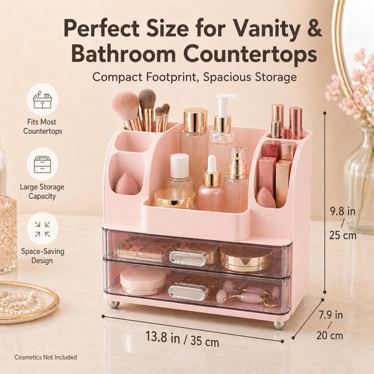 Large Makeup Organizer for Vanity, No Assembly Cosmetic Display Case with 2 Clear Drawers & Brush Holders, 2-in-1 Skincare Storage Box for Bathroom Countertop, Vintage Green, Cherry Blossom Pink