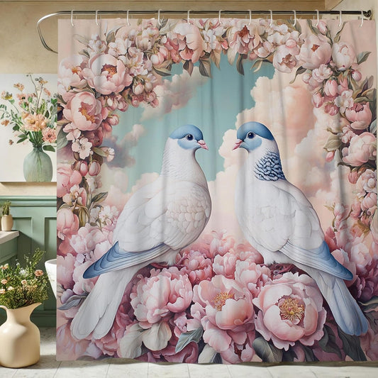 Romantic Floral Shower Curtain, Pastel Peach Peony Print Bath Curtain for Bathroom Decor, Spring Summer Elegant Vintage Style Waterproof Fabric Shower Curtain Set with Hooks 72x78 Inch