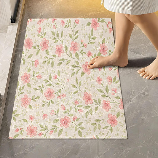 Watercolor Flowers Pink Bathroom Mat Rug 24" x 16" Non Slip Super Absorbent Quick Dry Bath Mats for Bathtub Fluffy Rugs