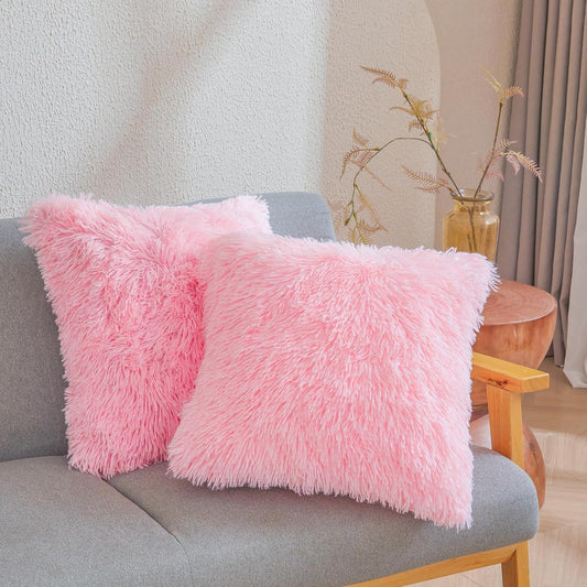 Pink Fluffy Faux Fur Throw Pillow Covers 18"x18", Shaggy Plush Fuzzy Furry Decorative Pillowcase Set for Sofa, Bedroom, or Living Room