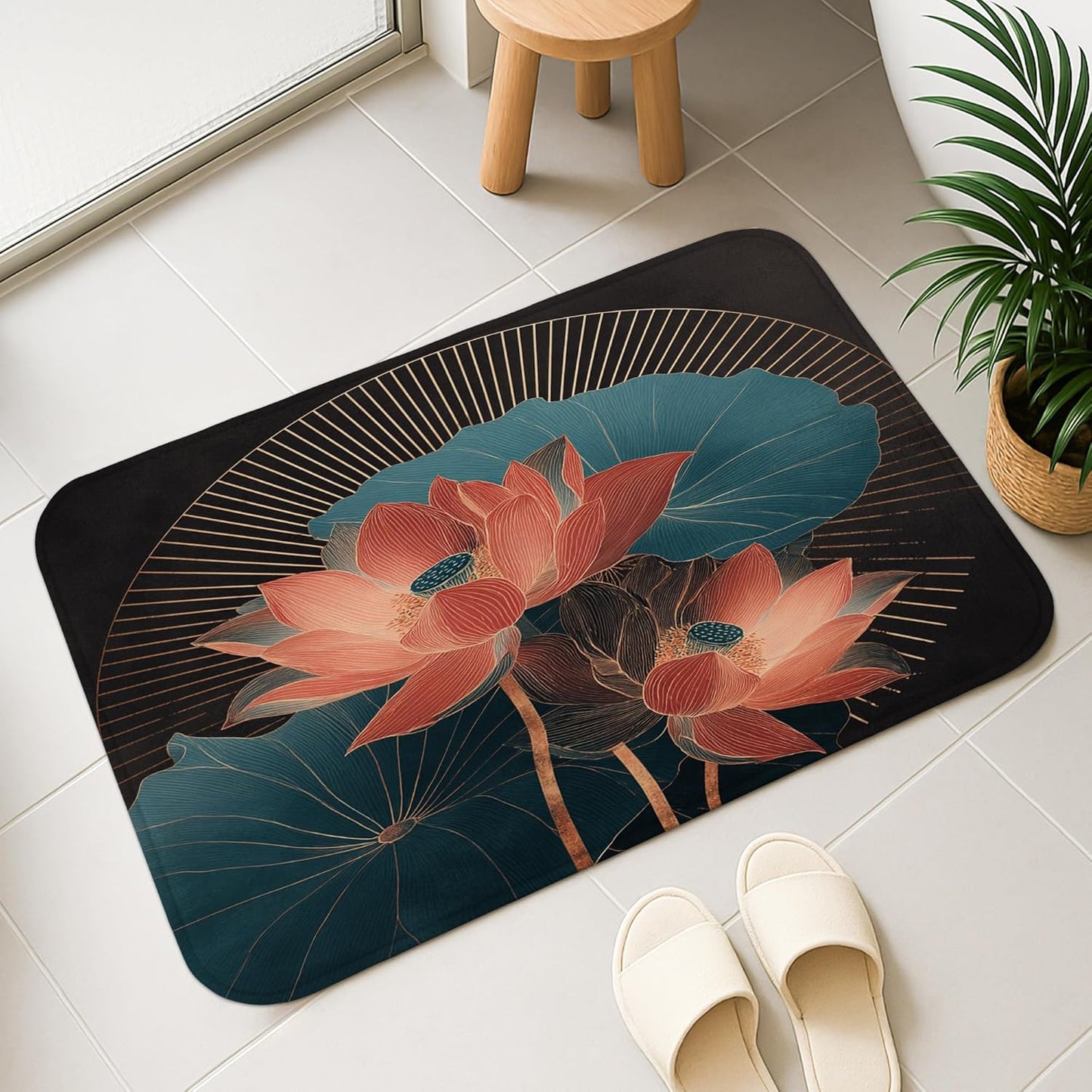 Water Lily Floral Quick Dry Bath Mat, Elegant Peach Flowers Leaves Absorbent Non Slip Shower Mat, Modern Flannel Washable Bath Rugs for Bathroom Toilet Restroom Decorative 20x32 Inch