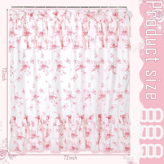 Pink Floral Ruffle Shower Curtain with Bows Vintage Pink Flower Print Bathroom Curtain with 12 Buttonholes Layered Farmhouse Rustic Bath Decor for Spring Bathroom Dorm 72x72 Inch