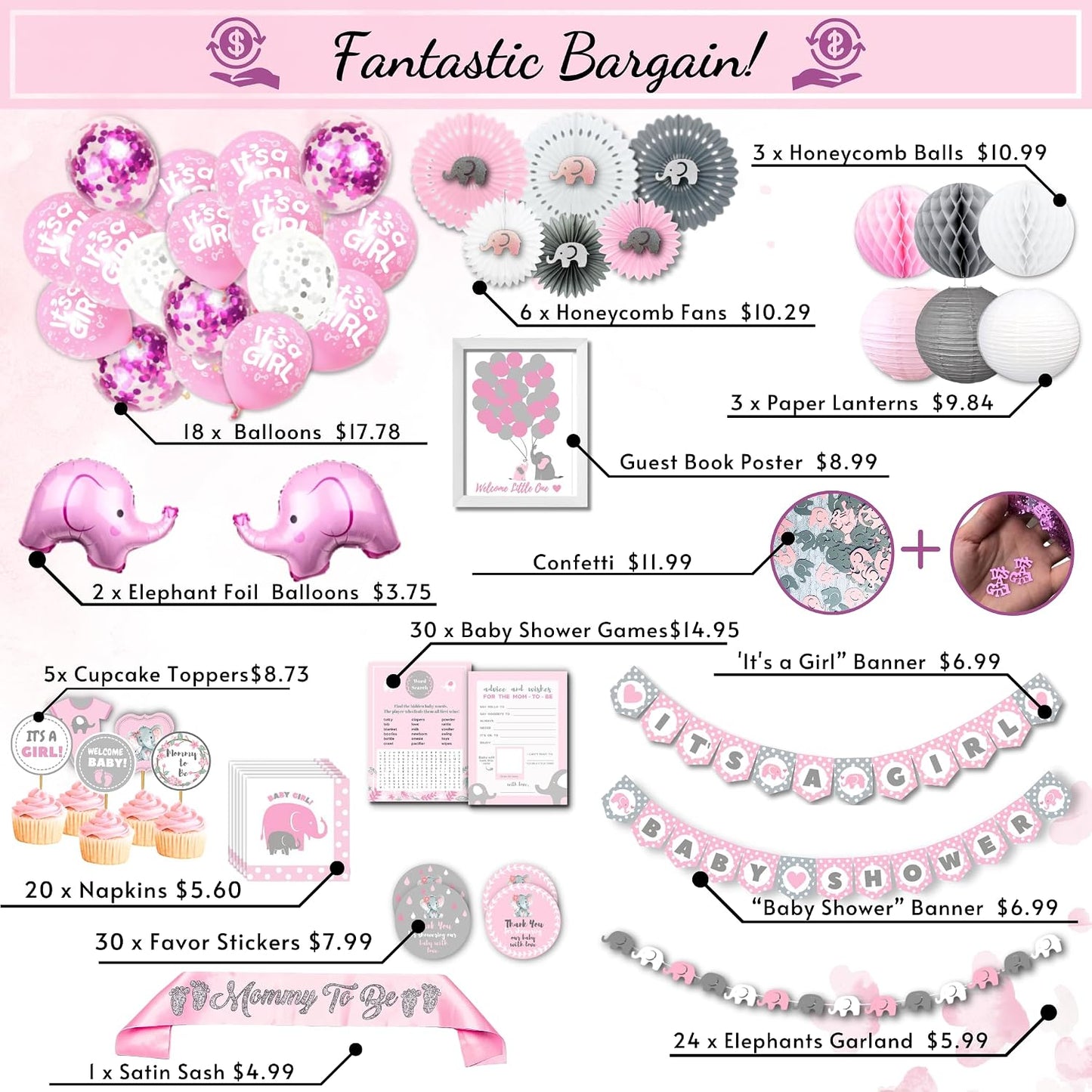 697 Pc Pink Elephant Baby Shower Decorations for Girl - Premium Set | Includes It's a Girl banner, elephant garland, guest book, sash, cake toppers, balloons, napkins, straws, fans & games