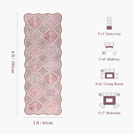 Moroccan 2x6 Runner Rug for Hallways, Unique Scalloped Ultra-Thin Soft Washable Rug, Non-Slip Stain Resistant Lightweight Low-Pile Carpet for Living Room Bedroom Dining Room Office (Pink)