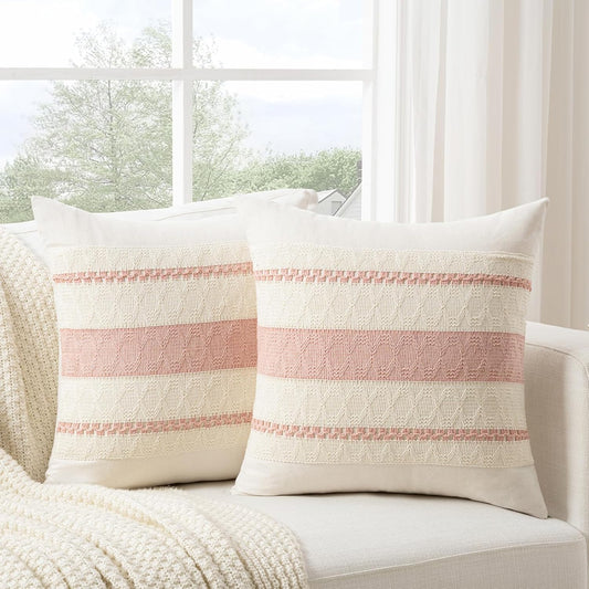 Fancy Homi Set of 1 Boho Pink Decorative Throw Pillow Cover 18x18 Inch for Couch Bed Sofa, Aesthetic Modern Organic Farmhouse Home Decor, Soft Cotton Cute Accent Macrame Woven Cushion Case