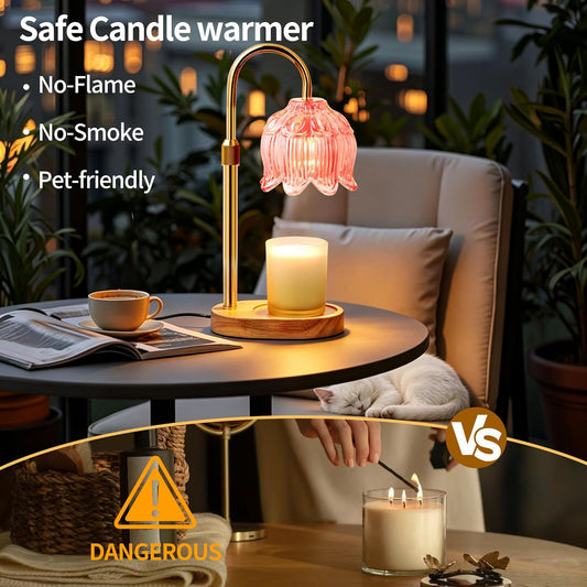 Flower Candle Warmer Lamp for Jar Candles with Timer & Dimmer, Adjustable Height Fits Large Jars up to 7.08" Tall, Flameless Wax Warmer, Cozy Bedroom Home Decor, Gift for Mom Women,Pink
