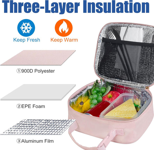 Aosbos Insulated Lunch Bag for Women - Cute Small Quilted Lunch Box Cooler for Work, Office, Picnic - Soft, Portable Adult Lunch Bags, Pink