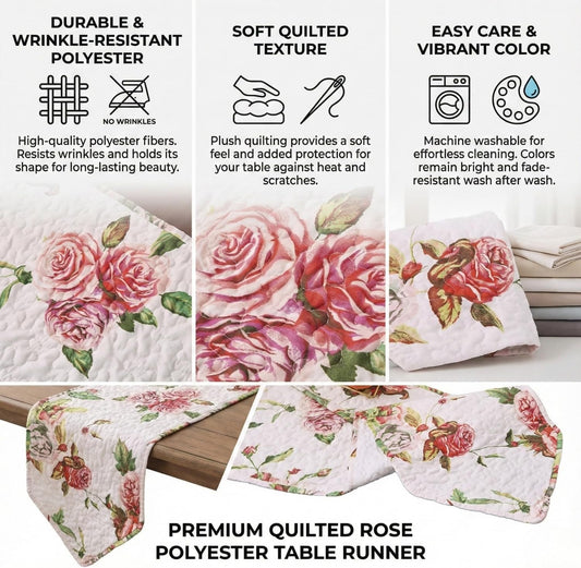 DaDalogy Bedding Romantic Roses Quilted Dining Table Runner - Lovely Floral Red Pink Flower Blossoms Garden Dainty Cottage Picnic - Elegant Decorative Coffee Bar Tea Kitchen Mats - 13" x 72"