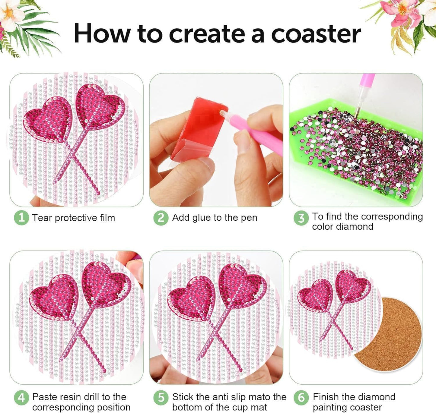Diamond Art Coasters Kit for Adults, Pink Disco Diamond Painting Coasters | Pink Disco Diamond Art Coasters With Holder Cork Pads DIY Diamond Art Non Slip Coaster Crafts Kits for Adults Beginners Gift