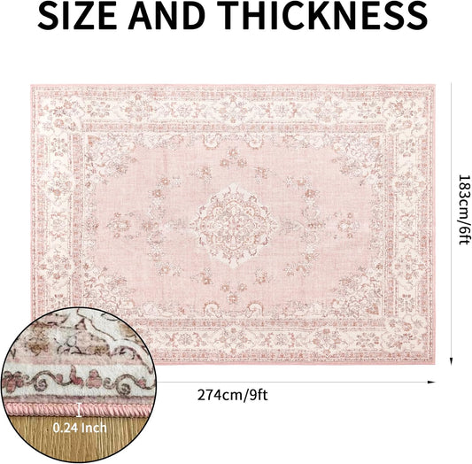 6x9 Area Rugs Washable: Oriental Soft Area Rug for Bedroom Living Room No Shedding - Low Pile Thin Carpet for Dining Room Non Slip - Boho Vintage Home Decor - Soft Pink