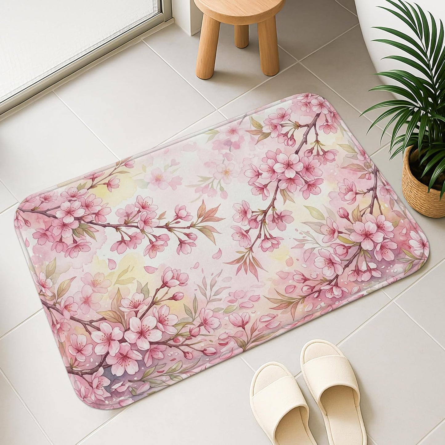 Floral Blossom Quick Dry Bath Mat, Elegant Peach Cherries Blossom Decorative Non Slip Shower Mat, Spring Washable Bath Rugs for Bathroom Toilet Restroom 20x32 Inch