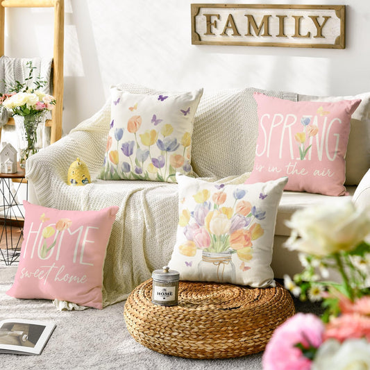 AVOIN colorlife Spring is in The Air Tulip Vase Throw Pillow Covers, 18 x 18 Inch Home Sweet Home Butterfly Pink Cushion Case Decoration for Sofa Couch Set of 4