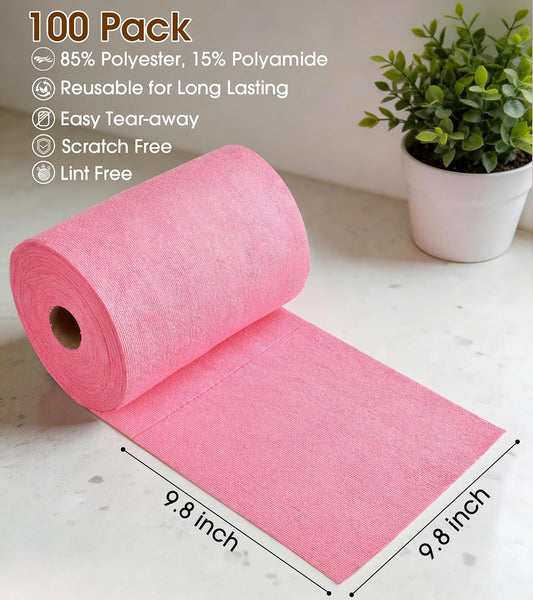 KitchLife Microfiber Cleaning Cloth Roll, 100 Pack - Tear-Away Microfiber Paper Towels, Lint-Free, Reusable, Washable for Kitchen, Car, Dishes, and Sensitive Surfaces (Pink)