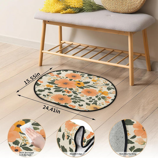 Peach Flower Design Oval 16x24 Inches Absorbent Bath Mat, Non Slip Soft Plush Bath Rug with TPR Backing for Home Kitchen Bathroom