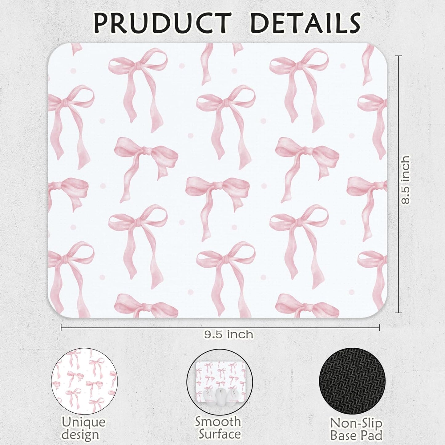 Coquette Pink Bow Mouse Pad, Preppy Girly Blue Mousepad for Work Office, Trendy Decor for Desk, 9.5x8 Inch