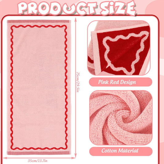 Whaline Pink Red Scalloped Hand Towels Decorative Towel 2 Pack Print Cotton Bathroom Towel for Kitchen Drying Cleaning, 29.5 x 13.7 Inch