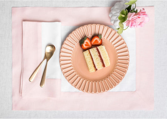 Solino Home 100% Pure Linen Placemats, Set of 4 - 14 x 19 Inch Blush Pink & White Table Mats - Contempo - Handcrafted European Flax, Machine Washable - Ideal for Summer