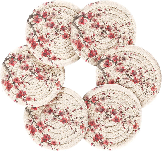 Cherry Blossom Red & Pink Coasters Set of 6 Absorbent Drink Coaster with Holder for Cup Coffee Table Home Decor 3.94 Inch