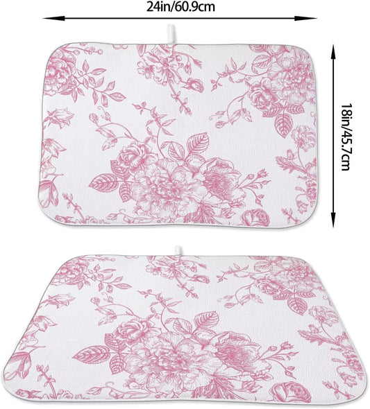 Pink Chinoiserie Floral Dish Drying Mat 18 x 24 inch Vintage Flower Decorative Drying Mats Microfiber Absorbent Dish Washable Draining Mat for Kitchen Counter Decor