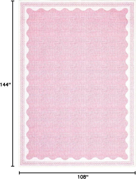 Scalloped Washable Rug 9x12 Area Rugs for Living Room, Solid Pink Rug for Bedroom Girls, Non Slip Throw Mat with Rubber Back, Soft Dorm Nursery 9x12 Carpet for Dining Room