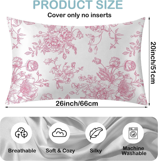 Satin Pillowcase 1 Pack - Pink Flowers Peonies Roses Silky Pillow Cover for Hair and Skin,Standard Size 20x26 Inch Soft Cooling Printed Floral Pillow Cases with Hidden Zipper,Gifts for Women Men